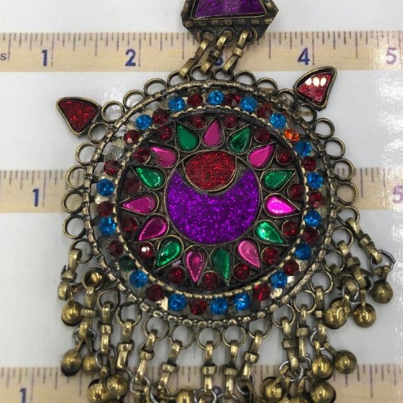 Afghan Vintage Multicolor Glass Stones Teeka, Massive Teeka With Dangling Bells,